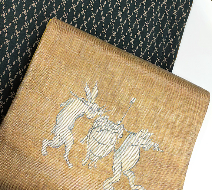 黄金ムガ 鳥獣戯画 袋帯 六通 正絹 黄金ムガ 鳥獣戯画 袋帯 六通 正絹 帯1503 ○高級 正絹 鳥獣戯画 六